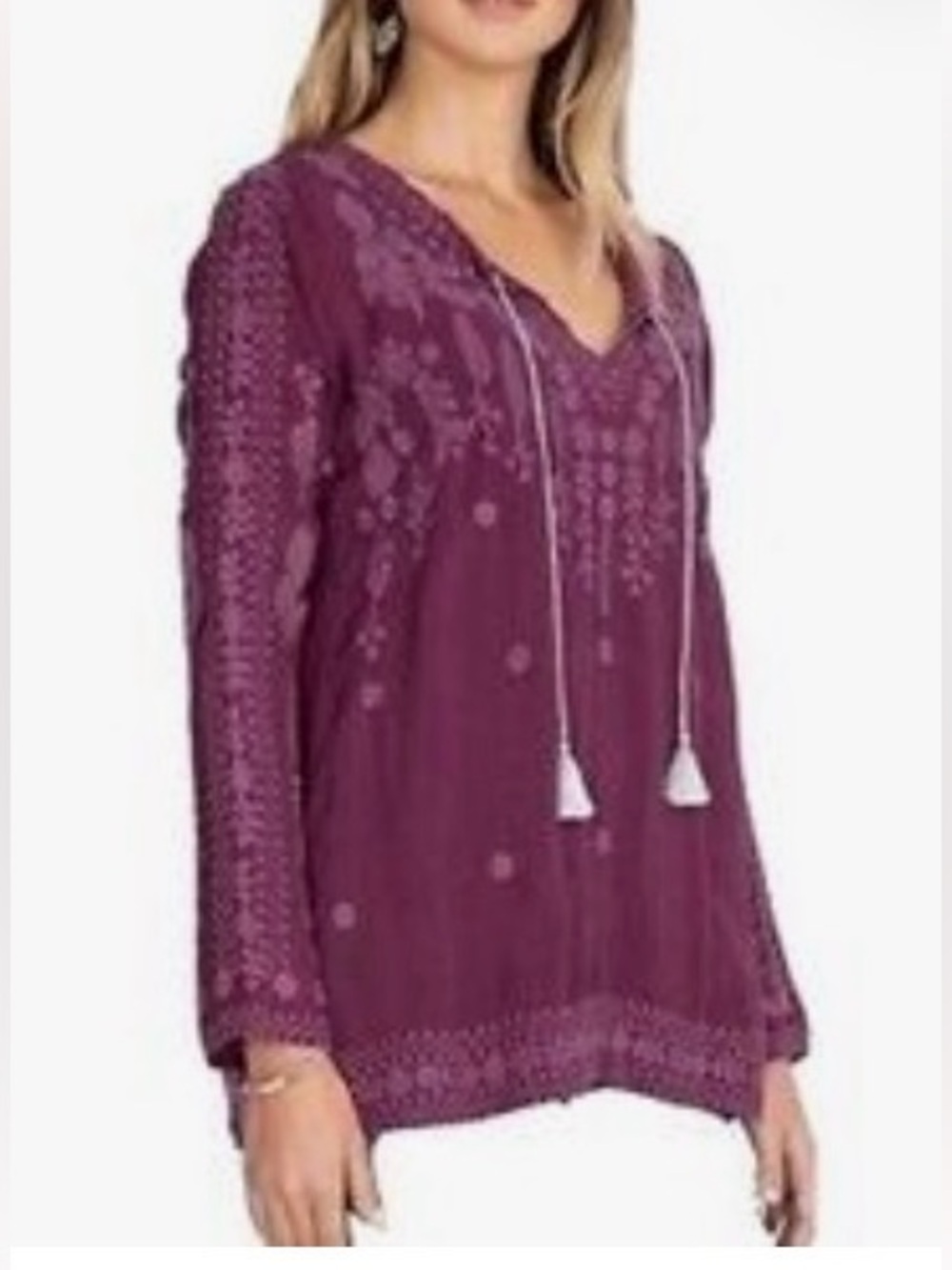 JOHNNY WAS Santorini Tunic S Purple Plum Embroidered V-Neck Tassel Long Sleeve
